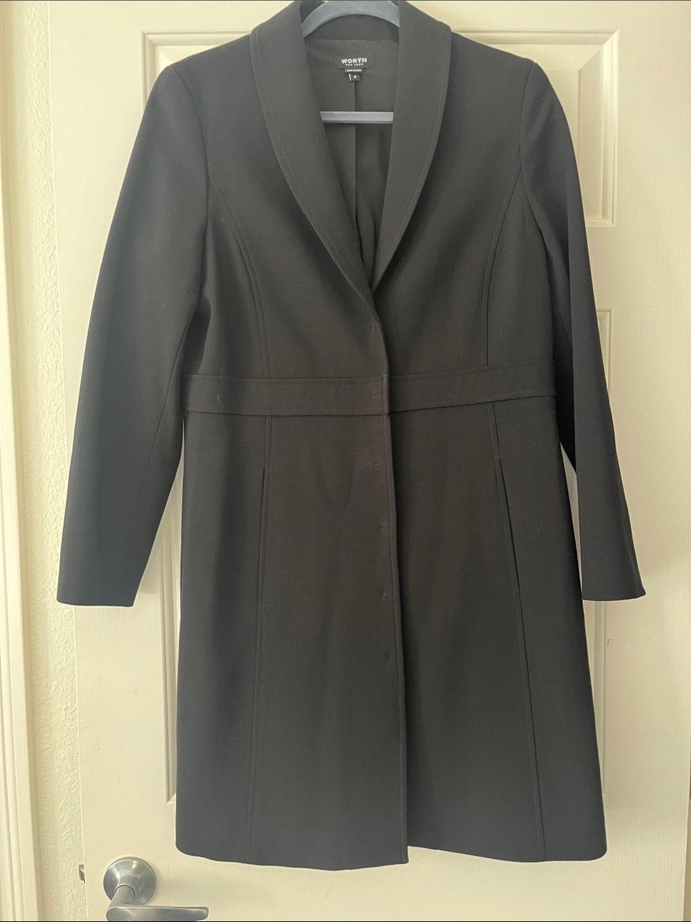 Worth Black Long Trench Coat with Shawl Collar